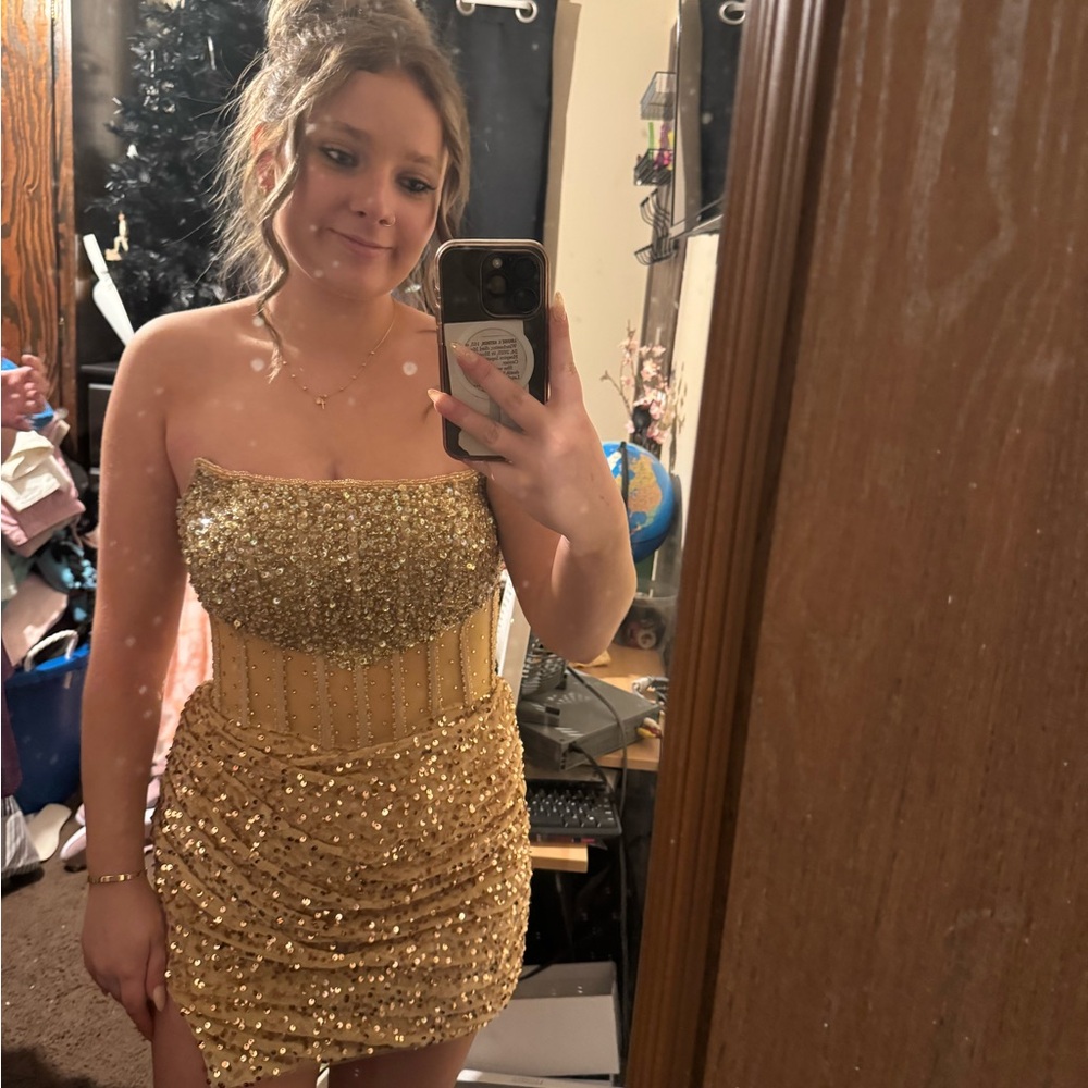 Gold Sequin Strapless Dress